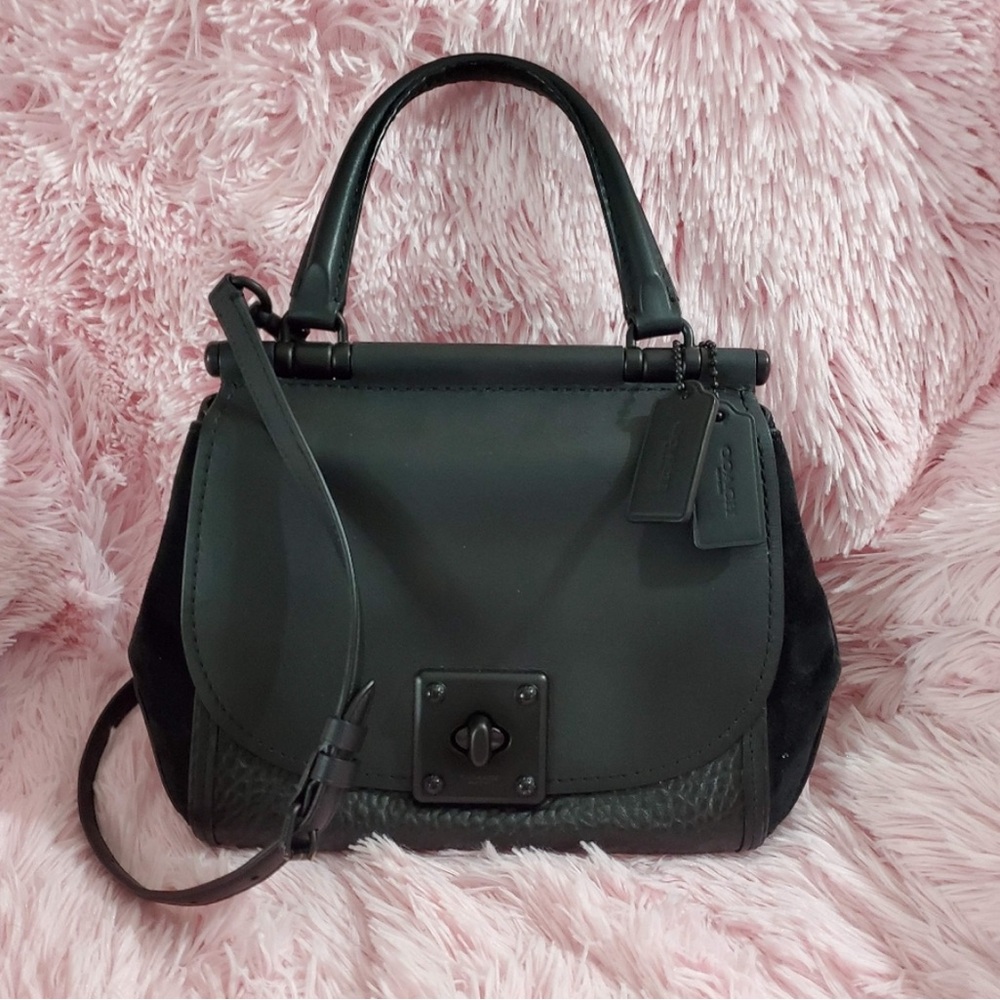 COACH Mixed Leather Black Drifter Top Handle Suede Pebble